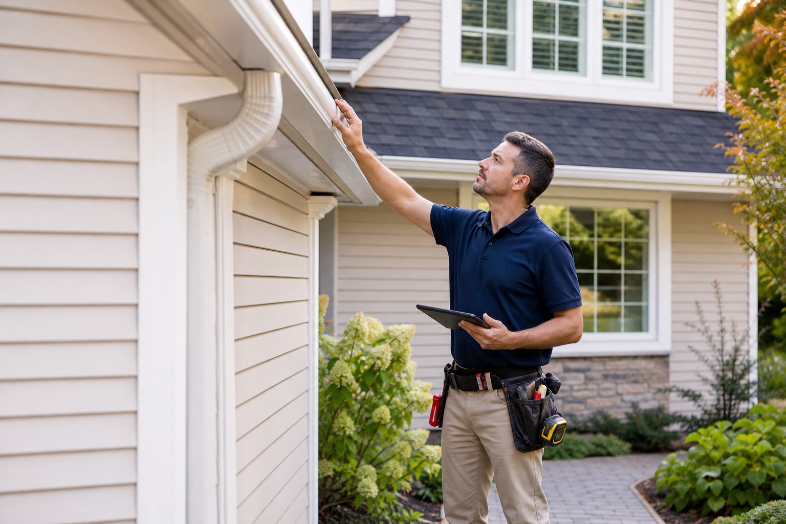 Professional contractor inspecting exterior trim and gutters at a suburban home